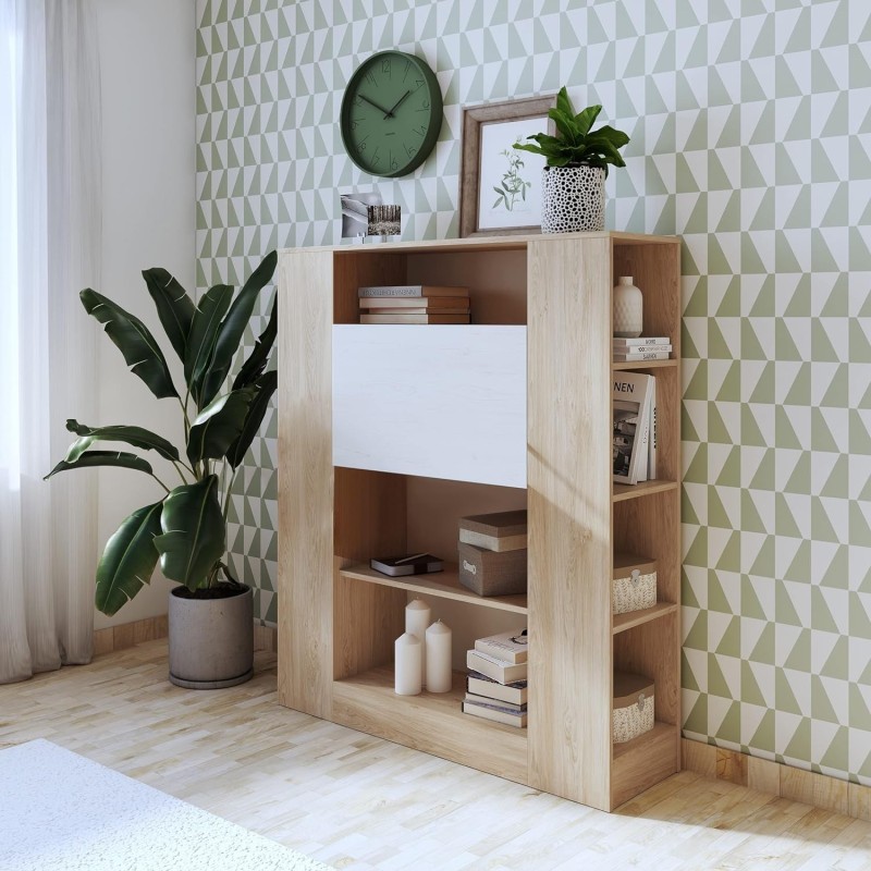 Estantería con Escritorio, Acabado en Cambrian y Blanco, Medidas: 119,6 cm (Largo) x 139,6 cm (Alto) x 34,5 Cm