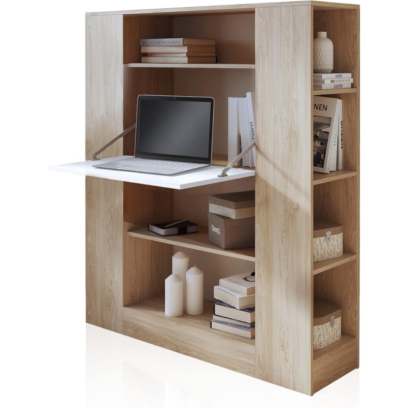 Estantería con Escritorio, Acabado en Cambrian y Blanco, Medidas: 119,6 cm (Largo) x 139,6 cm (Alto) x 34,5 Cm