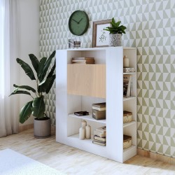 Estantería con Escritorio, Acabado en Blanco y Madera, Medidas: 119,6 cm (Largo) x 139,6 cm (Alto) x 34,5 Cm