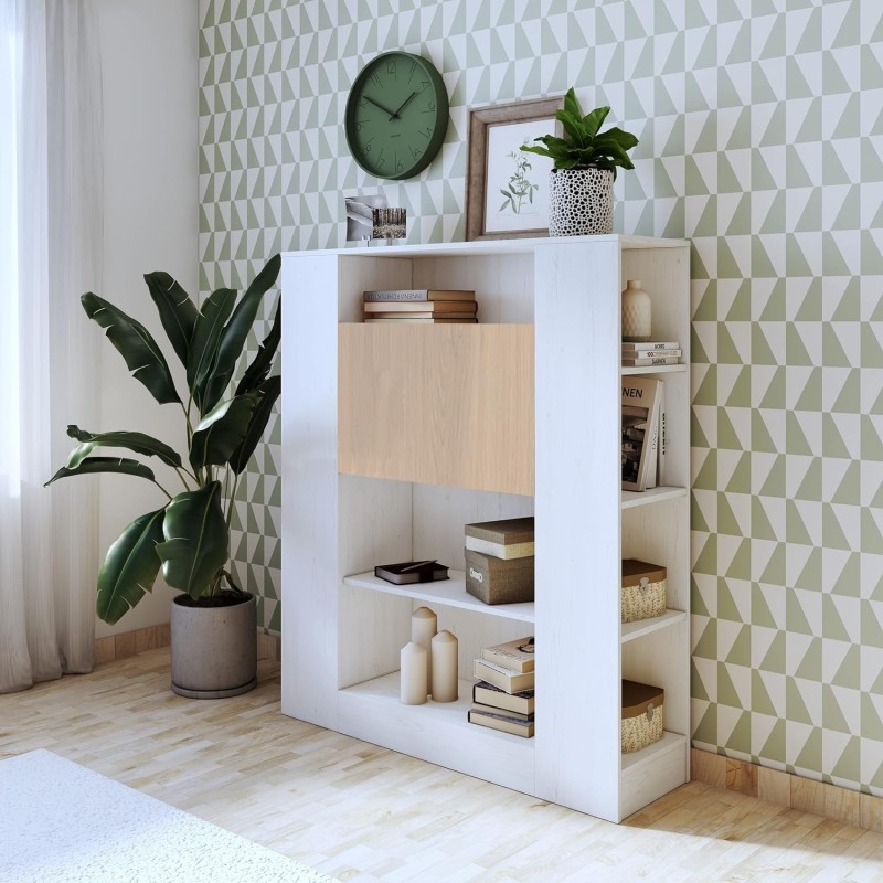 Estantería con Escritorio, Acabado en Blanco y Madera, Medidas: 119,6 cm (Largo) x 139,6 cm (Alto) x 34,5 Cm