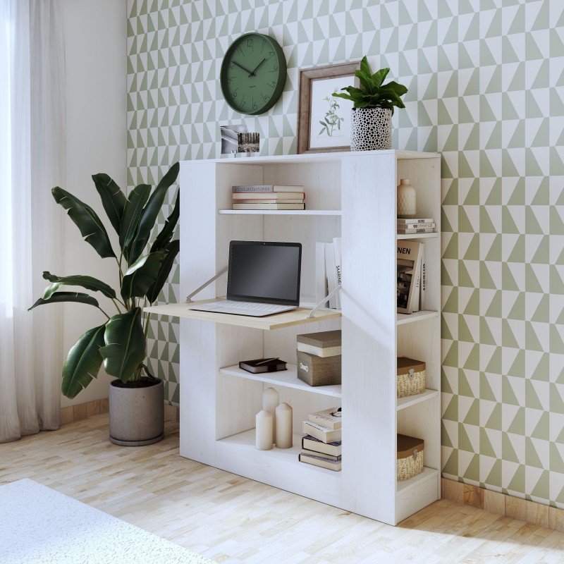 Estantería con Escritorio, Acabado en Blanco y Madera, Medidas: 119,6 cm (Largo) x 139,6 cm (Alto) x 34,5 Cm