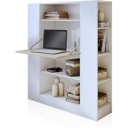 Estantería con Escritorio, Acabado en Blanco y Madera, Medidas: 119,6 cm (Largo) x 139,6 cm (Alto) x 34,5 Cm