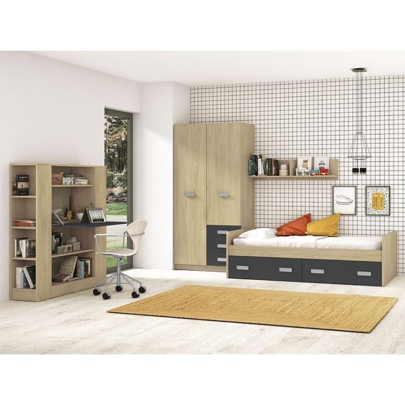 Estantería con Escritorio, Acabado en Cambrian y Grafito, Medidas: 119,6 cm (Largo) x 139,6 cm (Alto) x 34,5 Cm