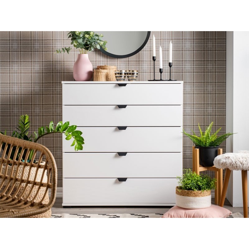 Cómoda de 5 Cajones para Dormitorio en Blanco, Gran Espacio Almacenamiento, Estilo Moderno, 90x40x95 cm