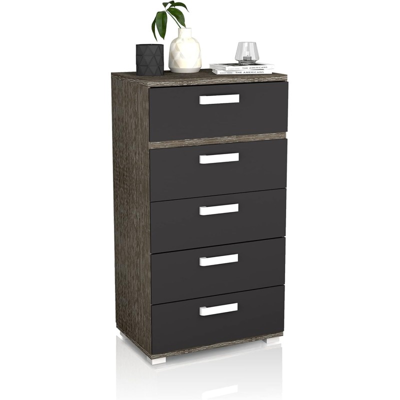 Sinfonier 5 Cajones, Cómoda, Almacenaje Dormitorio, Color Negro, Medidas: 60 cm (Lar) x 109,4 cm (Al) x 39,6 cm de (Fon)