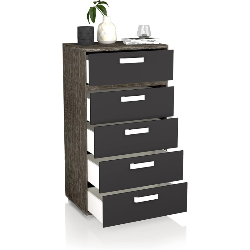Sinfonier 5 Cajones, Cómoda, Almacenaje Dormitorio, Color Negro, Medidas: 60 cm (Lar) x 109,4 cm (Al) x 39,6 cm de (Fon)