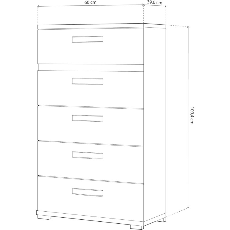 Sinfonier 5 Cajones, Cómoda, Almacenaje Dormitorio, Color Negro, Medidas: 60 cm (Lar) x 109,4 cm (Al) x 39,6 cm de (Fon)