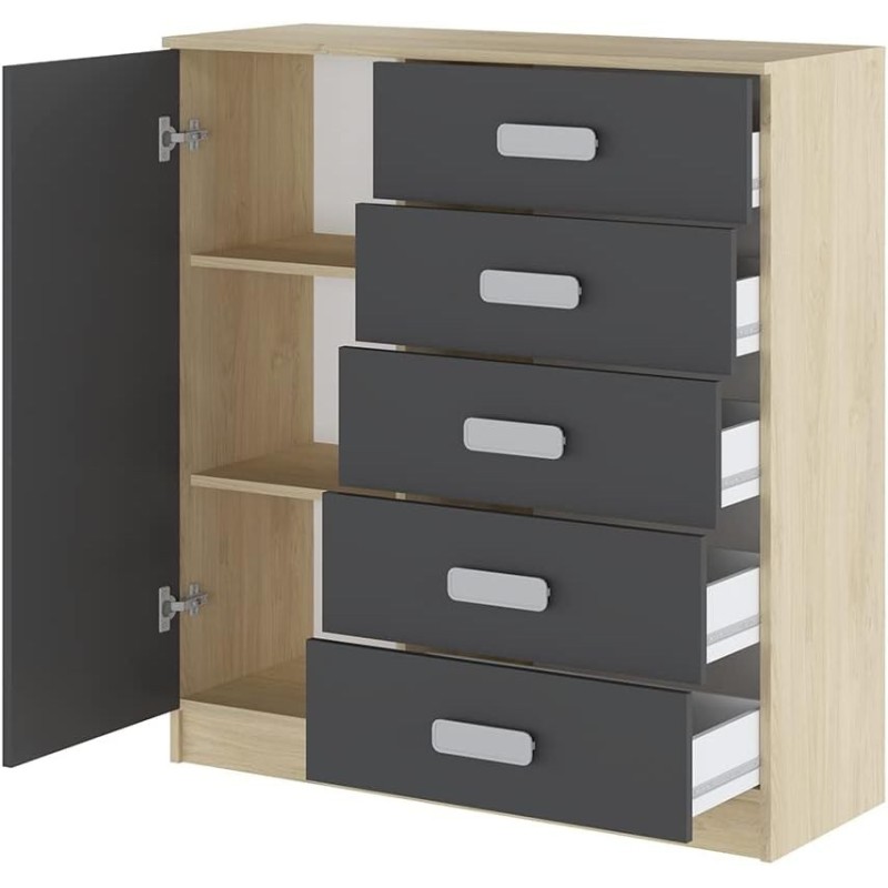 Cómoda Grande para Dormitorio o Salón – Natural y Grafito, 60 x 108 x 60 cm, 1 Puerta y 5 Cajones de Almacenaje.
