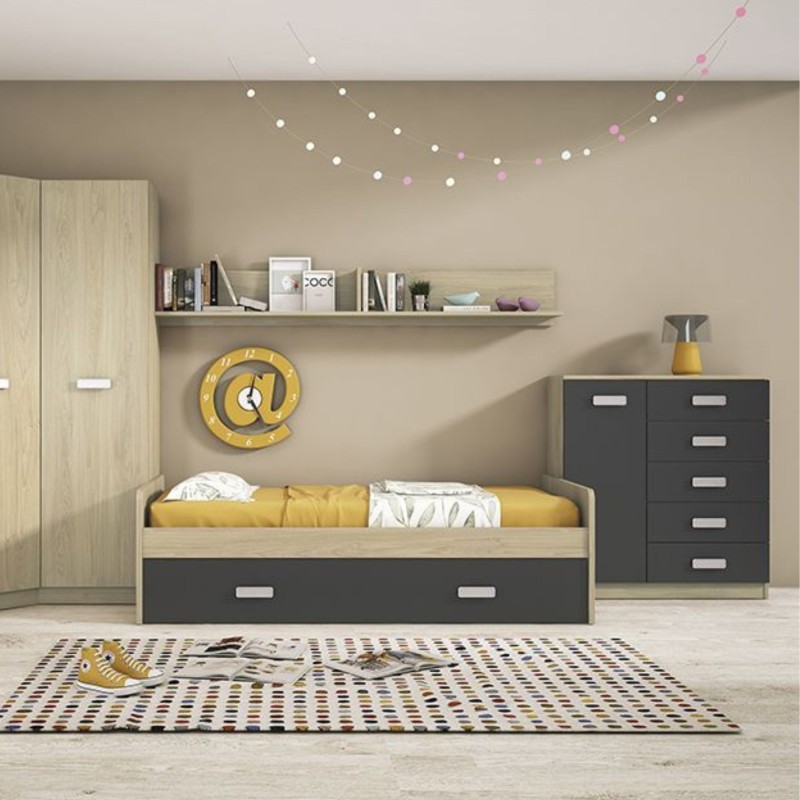 Cómoda Grande para Dormitorio o Salón – Natural y Grafito, 60 x 108 x 60 cm, 1 Puerta y 5 Cajones de Almacenaje.