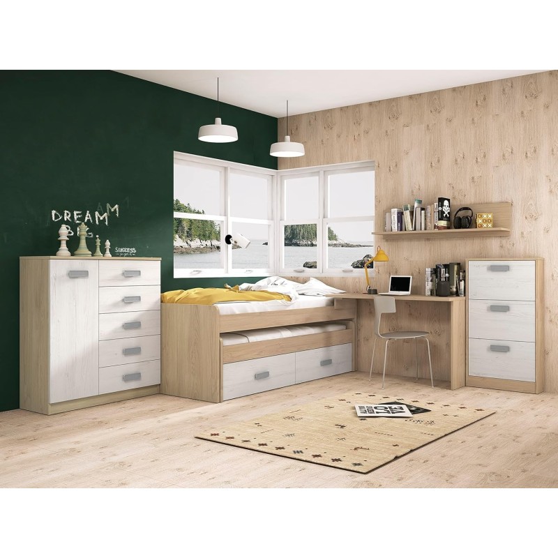 Cómoda Grande para Dormitorio o Salón – Natural y Blanco, 60 x 108 x 60 cm, 1 Puerta y 5 Cajones de Almacenaje.