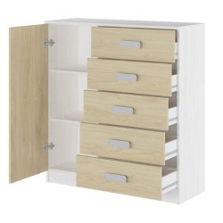 Cómoda Grande para Dormitorio o Salón - Blanco Veteado y Natural, 60 x 108 x 60 cm, 1 Puerta y 5 Cajones de Almacenaje.