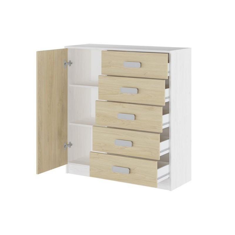 Cómoda Grande para Dormitorio o Salón - Blanco Veteado y Natural, 60 x 108 x 60 cm, 1 Puerta y 5 Cajones de Almacenaje.