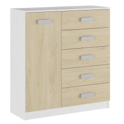 Cómoda Grande para Dormitorio o Salón - Blanco Veteado y Natural, 60 x 108 x 60 cm, 1 Puerta y 5 Cajones de Almacenaje.