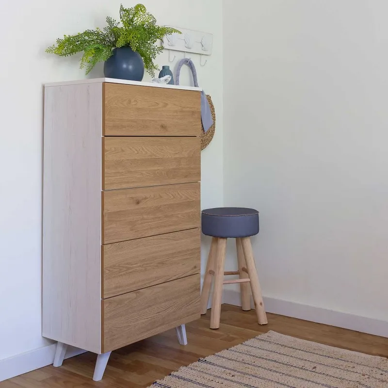 Meyvaser - Sinfonier con 5 Cajones y con Patas, Comoda Cajonera, Color Roble y blanco, 60cm (Anc) x 118,5cm (Al) x 37,8cm (Fon)