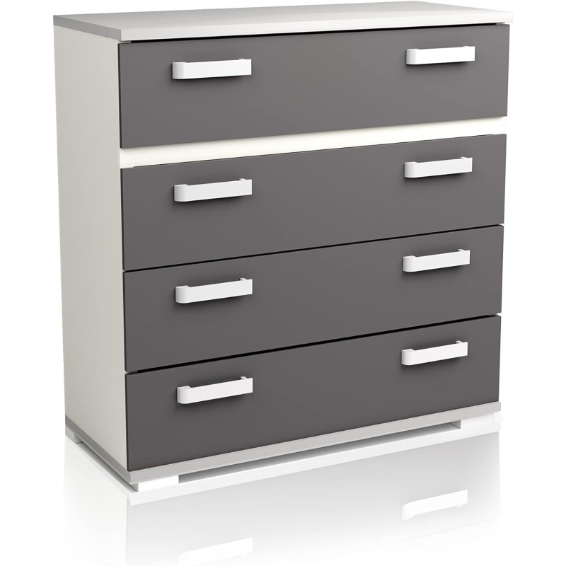 Comoda 4 Cajones, Mueble Almacenaje Dormitorio, Color Blanco y Grafito, Medidas: 89 cm (Lar) x 89,6 cm (Al) x 39,6 cm de (Fon)
