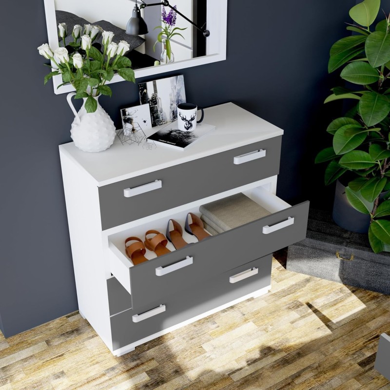 Comoda 4 Cajones, Mueble Almacenaje Dormitorio, Color Blanco y Grafito, Medidas: 89 cm (Lar) x 89,6 cm (Al) x 39,6 cm de (Fon)