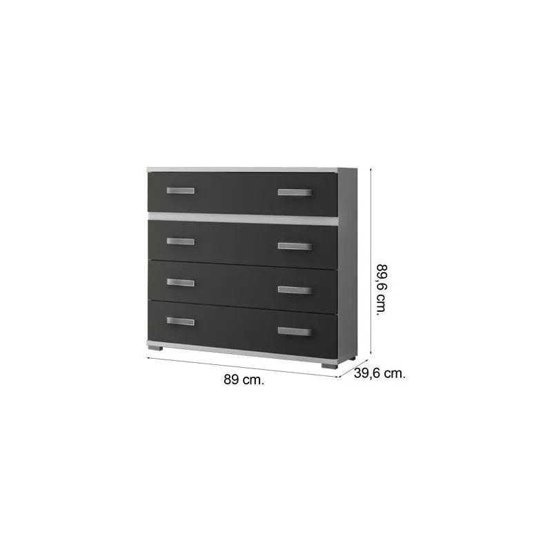 Comoda 4 Cajones, Mueble Almacenaje Dormitorio, Color Blanco y Grafito, Medidas: 89 cm (Lar) x 89,6 cm (Al) x 39,6 cm de (Fon)