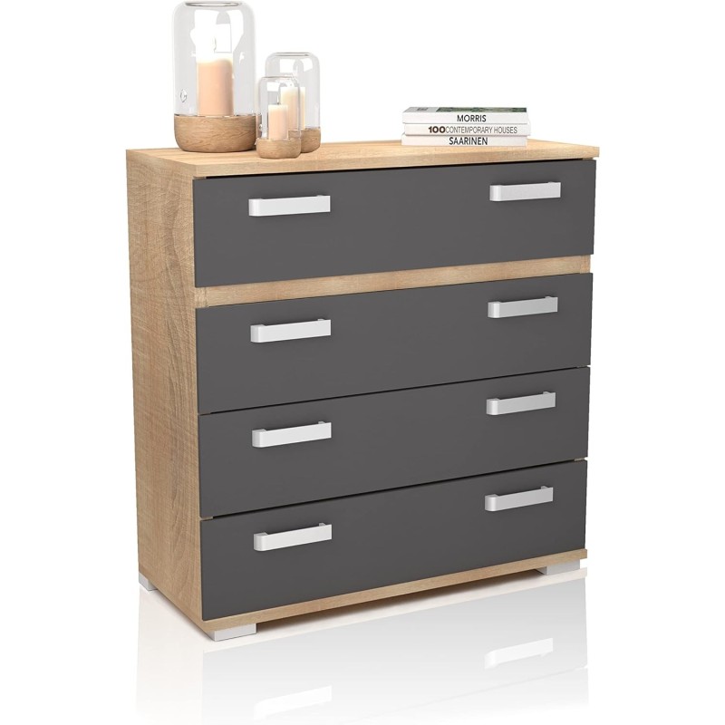 Cómoda 4 Cajones, Mueble Almacenaje Dormitorio, Color Cambria y Grafito, Medidas: 89 cm (Lar) x 89,6 cm (Al) x 39,6 cm de (Fon)