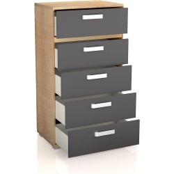 Sinfonier 5 Cajones, Cómoda Dormitorio, Color Cambria y Grafito, Medidas: 60 cm (Lar) x 109,4 cm (Al) x 39,6 cm de (Fon)