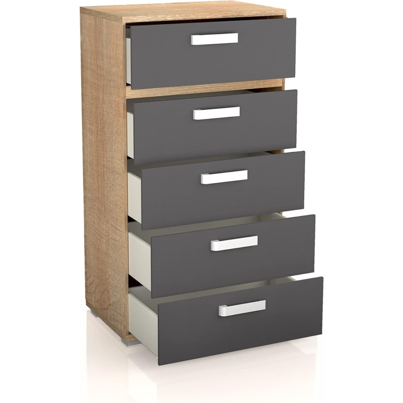 Sinfonier 5 Cajones, Cómoda Dormitorio, Color Cambria y Grafito, Medidas: 60 cm (Lar) x 109,4 cm (Al) x 39,6 cm de (Fon)