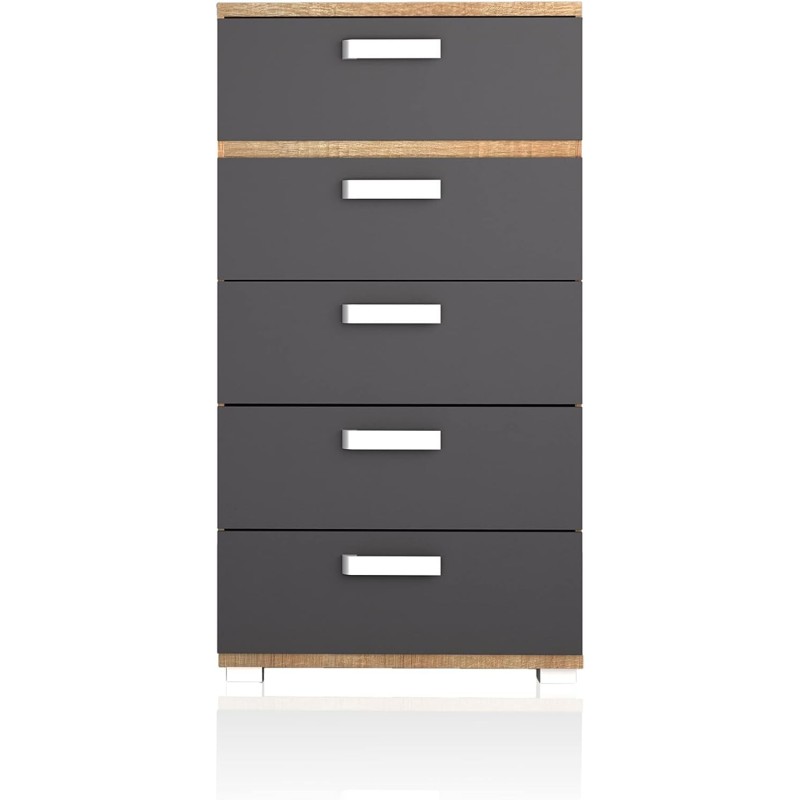 Sinfonier 5 Cajones, Cómoda Dormitorio, Color Cambria y Grafito, Medidas: 60 cm (Lar) x 109,4 cm (Al) x 39,6 cm de (Fon)