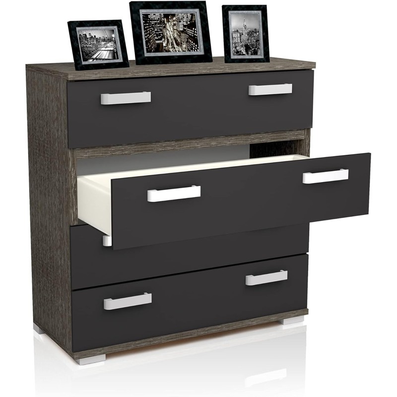 Cómoda 4 Cajones, Mueble Almacenaje Dormitorio, Color Ceniza y Negro, Medidas: 89 cm (Lar) x 89,6 cm (Al) x 39,6 cm de (Fon)