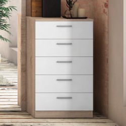 Cómoda con 5 Cajones, Sinfonier, Color Cambria y Blanco, Medidas: 60 cm (An) x 103 cm (Al) x 40 cm (Fo)