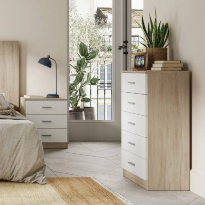 Cómoda con 5 Cajones, Sinfonier, Color Cambria y Blanco, Medidas: 60 cm (An) x 103 cm (Al) x 40 cm (Fo)