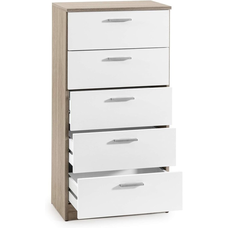 Cómoda con 5 Cajones, Sinfonier, Color Cambria y Blanco, Medidas: 60 cm (An) x 103 cm (Al) x 40 cm (Fo)