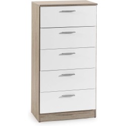Cómoda con 5 Cajones, Sinfonier, Color Cambria y Blanco, Medidas: 60 cm (An) x 103 cm (Al) x 40 cm (Fo)