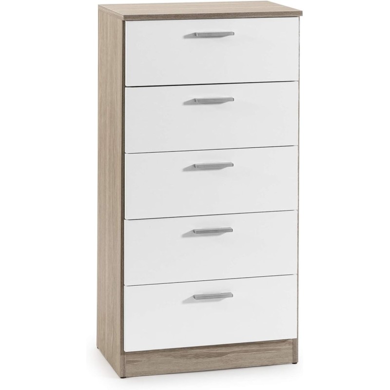 Cómoda con 5 Cajones, Sinfonier, Color Cambria y Blanco, Medidas: 60 cm (An) x 103 cm (Al) x 40 cm (Fo)