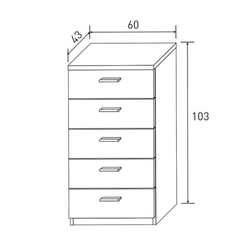 Cómoda con 5 Cajones, Sinfonier, Color Cambria y Blanco, Medidas: 60 cm (An) x 103 cm (Al) x 40 cm (Fo)