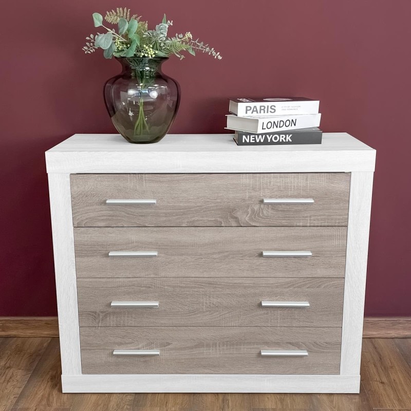 Cómoda con 4 Cajones, Sinfonier, Colores Andersen y Pino Gris, Medidas: 60 cm (An) x 81.5 cm (Al) x 39.5 cm (Fon)