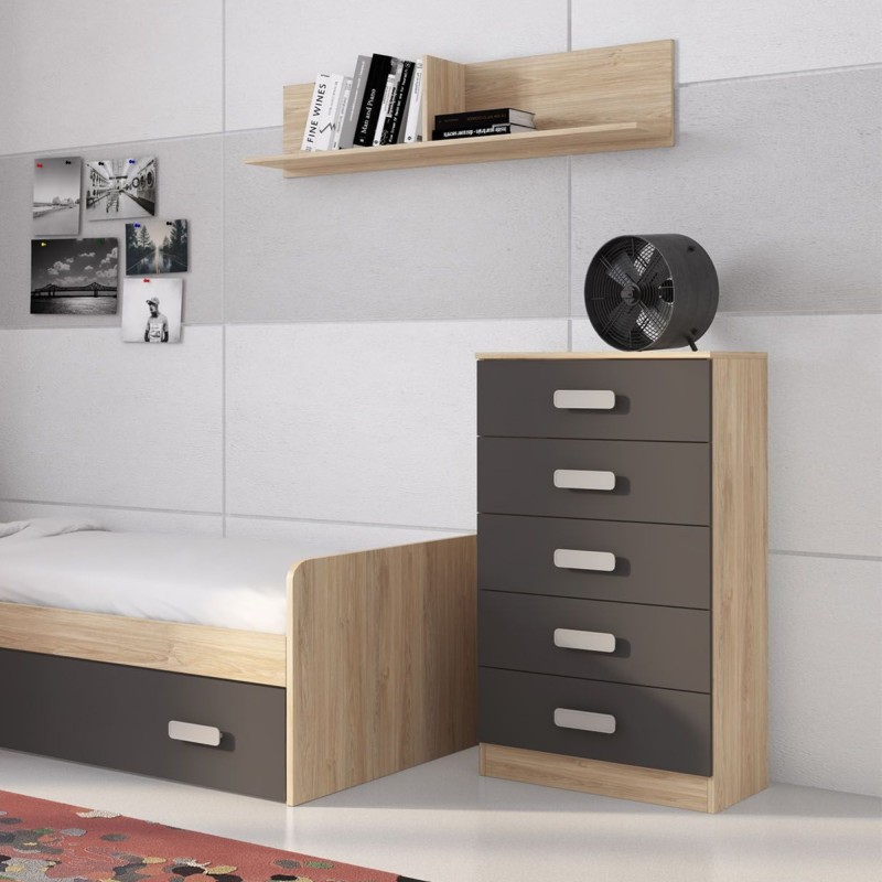 Sinfonier 5 Cajones, Cómoda, Acabado en Cambrian y Grafito, Medidas: 60 cm (An) x 108,5 cm (Al) x 38 cm de (Fon)