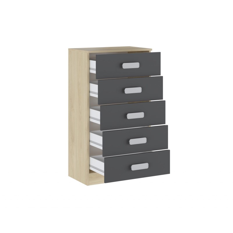 Sinfonier 5 Cajones, Cómoda, Acabado en Cambrian y Grafito, Medidas: 60 cm (An) x 108,5 cm (Al) x 38 cm de (Fon)