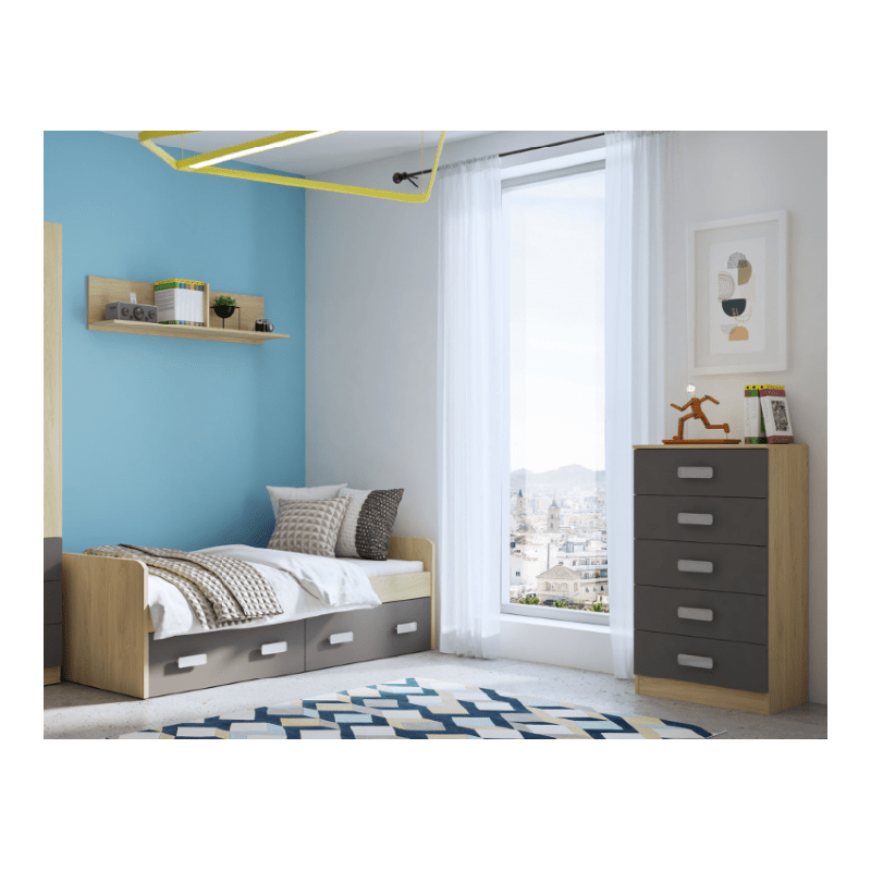 Sinfonier 5 Cajones, Cómoda, Acabado en Cambrian y Grafito, Medidas: 60 cm (An) x 108,5 cm (Al) x 38 cm de (Fon)