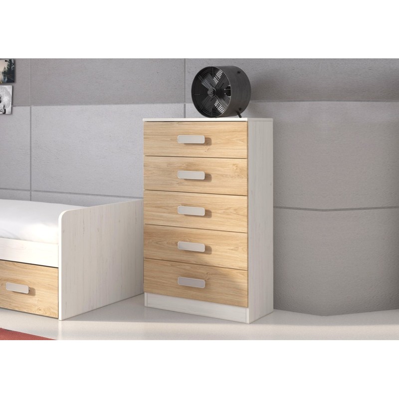 Sinfonier 5 Cajones, Cómoda, Acabado en Blanco y roble, Medidas: 60 cm (An) x 108,5 cm (Al) x 38 cm de (Fon)