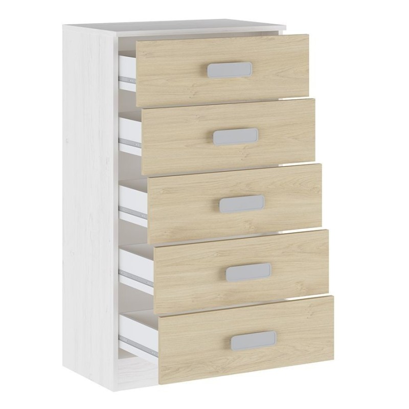 Sinfonier 5 Cajones, Cómoda, Acabado en Blanco y roble, Medidas: 60 cm (An) x 108,5 cm (Al) x 38 cm de (Fon)