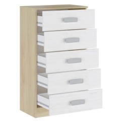Sinfonier 5 Cajones, Cómoda, Acabado en Blanco y Nordico, Medidas: 60 cm (An) x 108,5 cm (Al) x 38 cm de (Fon)