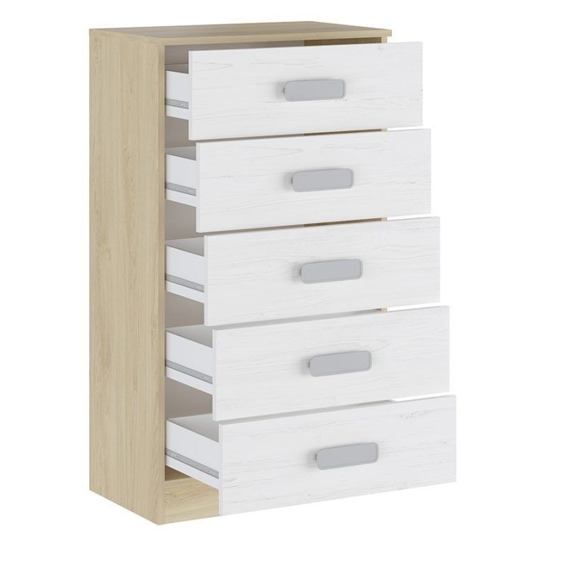 Sinfonier 5 Cajones, Cómoda, Acabado en Blanco y Nordico, Medidas: 60 cm (An) x 108,5 cm (Al) x 38 cm de (Fon)