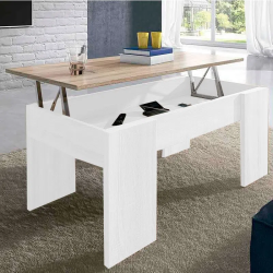 Mesa de Centro Elevable, Acabado en Color Blanco con Tapa Cambria, Medidas: 90 cm (Ancho) x 50 cm (Fondo) x 46-57 cm (Alto)