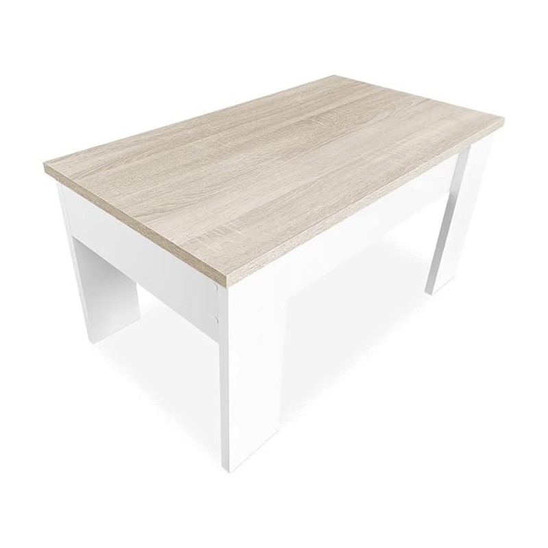 Mesa de Centro Elevable, Acabado en Color Blanco con Tapa Cambria, Medidas: 90 cm (Ancho) x 50 cm (Fondo) x 46-57 cm (Alto)