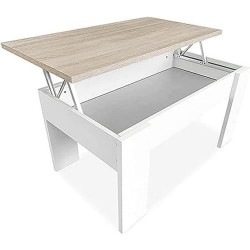 Mesa de Centro Elevable, Acabado en Color Blanco con Tapa Cambria, Medidas: 90 cm (Ancho) x 50 cm (Fondo) x 46-57 cm (Alto)