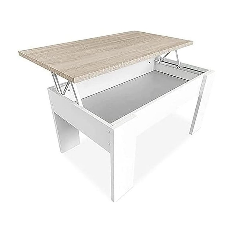 Mesa de Centro Elevable, Acabado en Color Blanco con Tapa Cambria, Medidas: 90 cm (Ancho) x 50 cm (Fondo) x 46-57 cm (Alto)