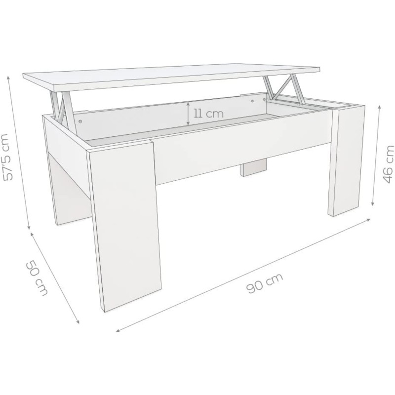 Mesa de Centro Elevable, Acabado en Color Blanco con Tapa Cambria, Medidas: 90 cm (Ancho) x 50 cm (Fondo) x 46-57 cm (Alto)