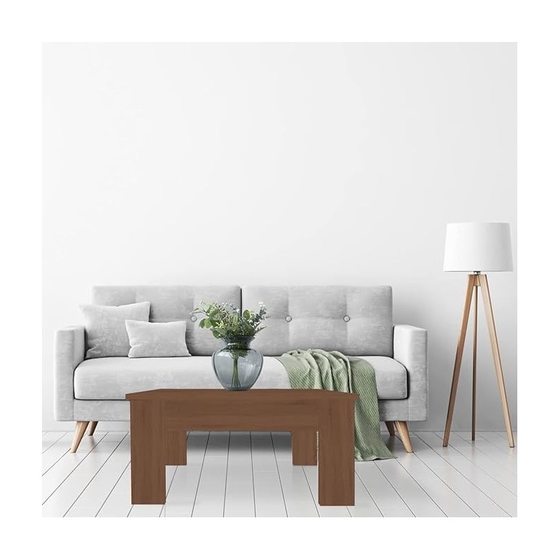 Mesa de Centro Elevable, Mesita de Salón, Acabado en Color nogal, Medidas: 90 cm (Ancho) x 50 cm (Fondo) x 46-57 cm (Alto)