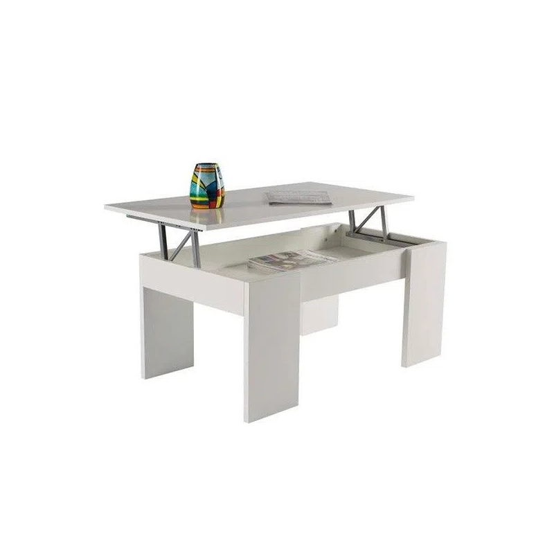 Mesa de Centro Elevable, Mesita de Salón o Comedor, Acabado en Color Blanco, Medidas: 90 cm (An) x 50 cm (Fon) x 46-57 cm (Al)