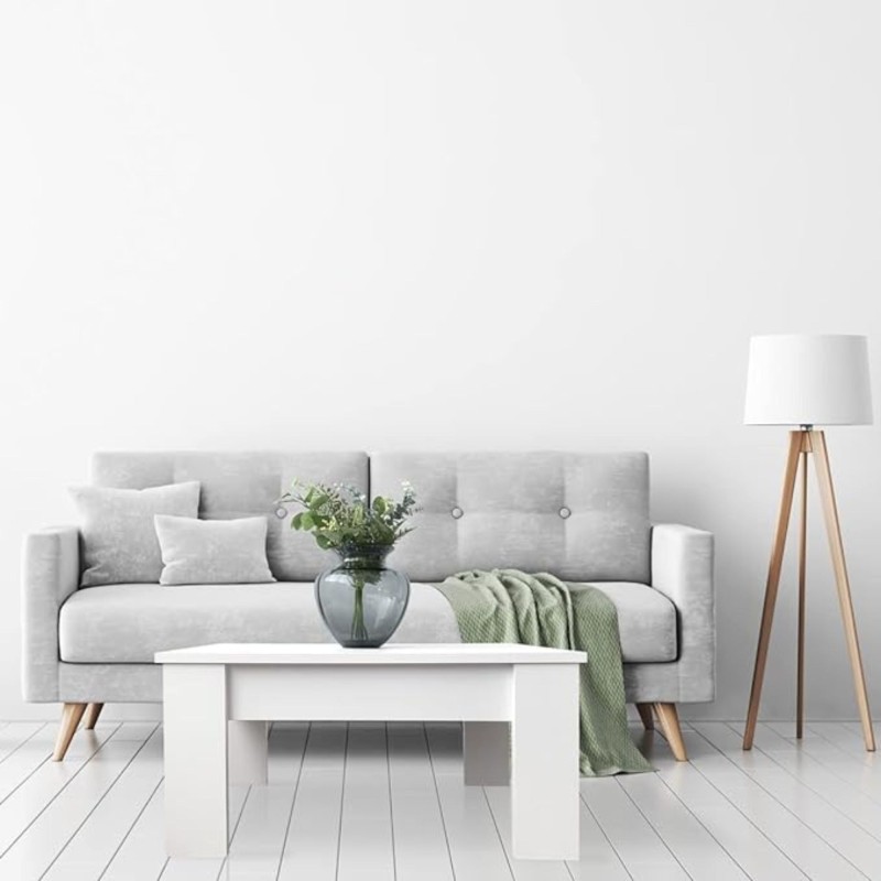 Mesa de Centro Elevable, Mesita de Salón o Comedor, Acabado en Color Blanco, Medidas: 90 cm (An) x 50 cm (Fon) x 46-57 cm (Al)