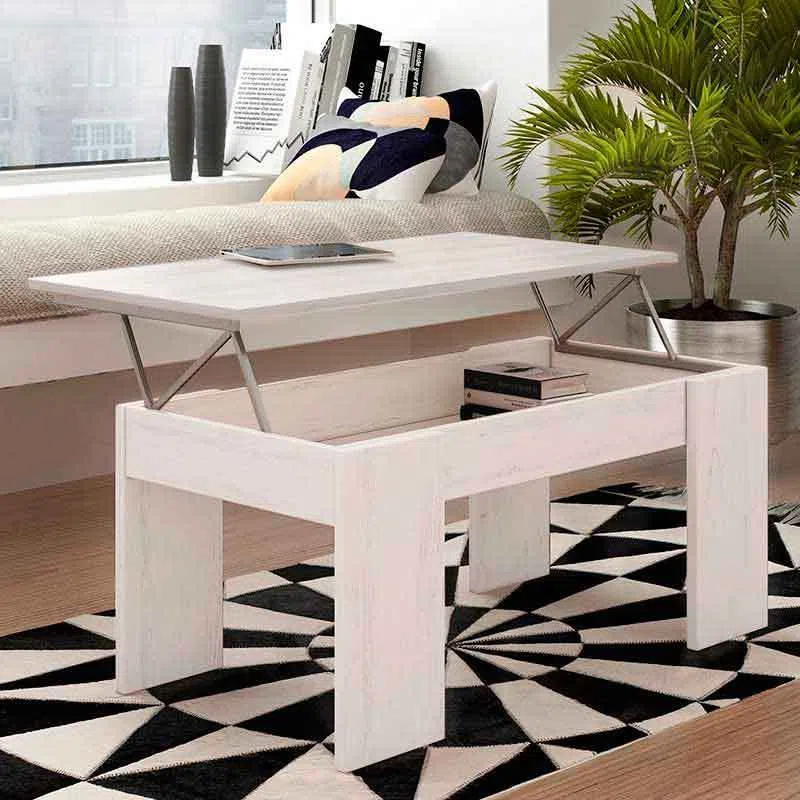 Mesa de Centro Elevable, Mesita de Saló, Acabado en Color Gris Polar, Medidas: 90 cm (An) x 50 cm (Fo) x 46-57 cm (Al)