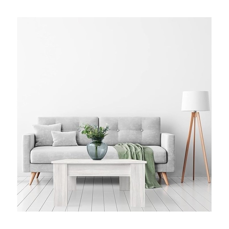 Mesa de Centro Elevable, Mesita de Saló, Acabado en Color Gris Polar, Medidas: 90 cm (An) x 50 cm (Fo) x 46-57 cm (Al)